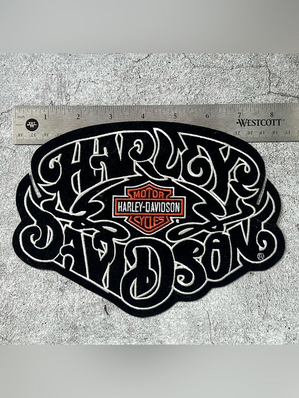 8” Harley-Davidson Black Patch with Orange Shield & White Stitching